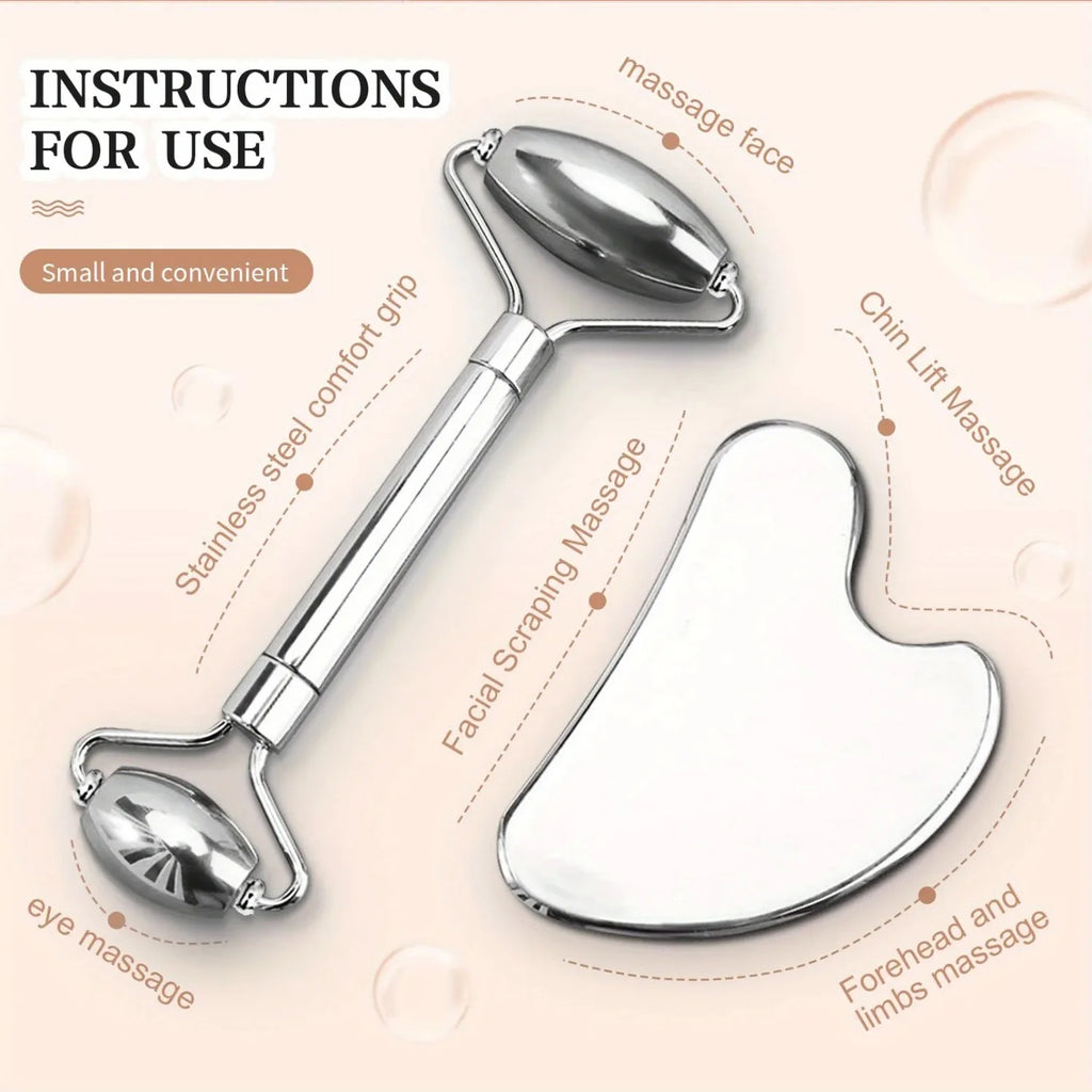 1/2/3 Piece Stainless Steel Facial Roller and Gua Sha Massage Tool Set Metal Beauty Tools for Body, Face, Neck and Eyes