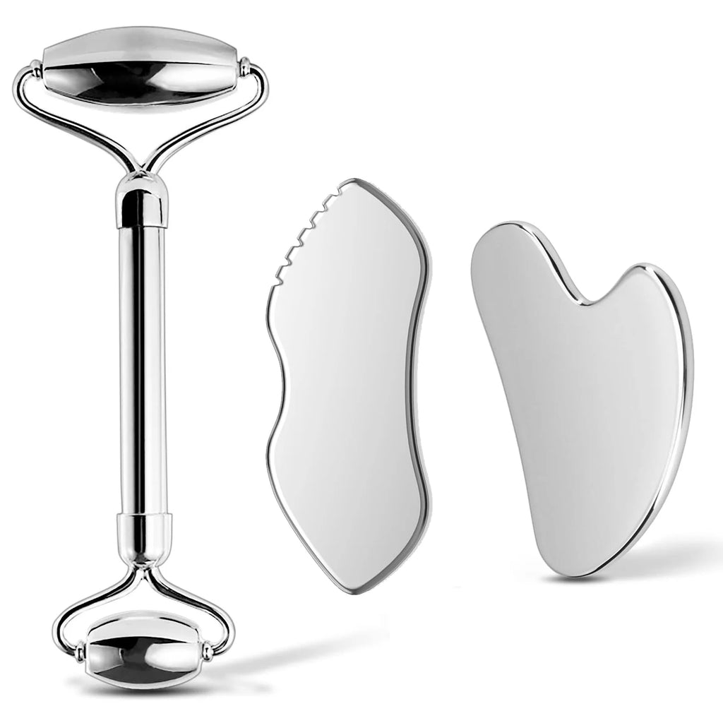1/2/3 Piece Stainless Steel Facial Roller and Gua Sha Massage Tool Set Metal Beauty Tools for Body, Face, Neck and Eyes